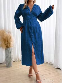 SHEIN Clasi Hơn Dệt hoa Tay áo lồng đèn Tách đùi Đầm - Xanh đậm - Xem 3