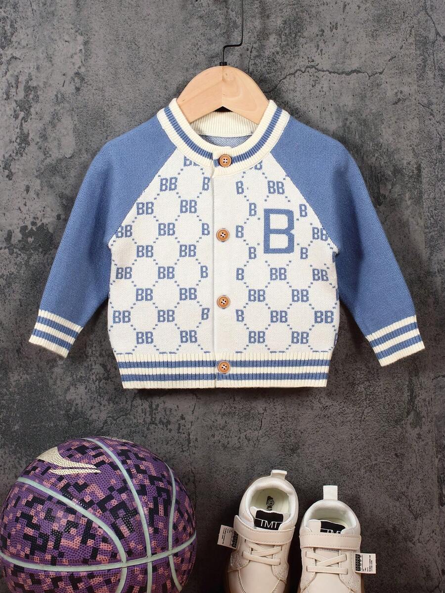 Baby Boys' Contrast Color Letter Print Cardigan Sweater - Blue - View 1