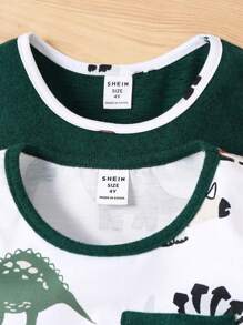 SHEIN Young Boy 2pcs/Set Cute Comfortable Cartoon Dinosaur Pattern Colorblock Hem Tank Top - Green - View 3