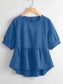 SHEIN Clasi Plus Solid High Low Peplum Blouse - Blue - View 2