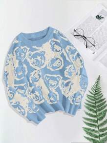 Flirla Women's Round Neck Design Blue Cartoon Bear Print Pullover Sweater
