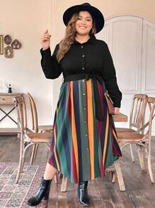 大尺碼腰帶連衣裙,印花拼接,衬衫领和纽扣设计 - 彩色 - 查看 1