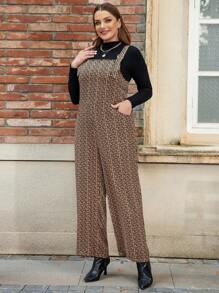 SHEIN LUNE Plus Size Women's Full Printed Geometric Pattern Overall Jumpsuit - Multicolor - View 5