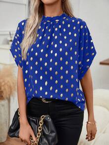 SHEIN Clasi 金色橢圓圓點印花寬衣袖綁帶後背襯衫 - 藍色 - 查看 3