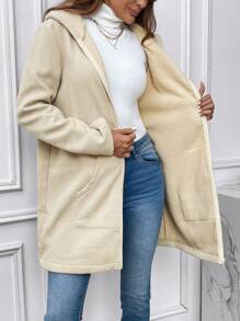 SHEIN LUNE Women's Solid Color Zipper Front Hooded Fleece Jacket - Apricot - View 6