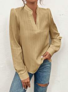 SHEIN Frenchy Texture Shirt With Notched Collar And Puff Sleeves Winter Casual - Camel - View 5