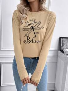 SHEIN Essnce Của phụ nữ con chuồn chuồn Và Lá thư In Áo thun - Màu Khaki - Xem 5