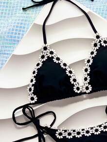 女士露背花卉点缀三角形分体细肩带比基尼套装，黑色 - 黑色 - 查看 3