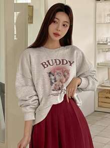 DAZY Của phụ nữ Thú vật Và Slogan In Áo nỉ - Xám - Xem 4