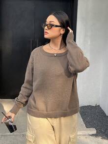 SHEIN EZwear 大碼素色插肩袖套頭毛衣 - 駝色 - 查看 5