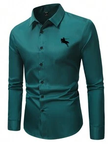 Manfinity Homme Áo Sơ Mi Nam Dài Tay Cổ Điển Màu Trơn, Sơ Mi Xanh Trơn Cài Nút Dành Cho Quà Tặng Bạn Trai - Màu xanh lá cây đậm - Xem 3