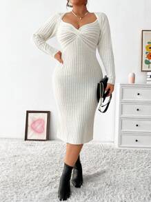 Celure Plus Size Solid Color Front Twist Knitted Sweater Dress With Sweetheart Collar - White - View 1