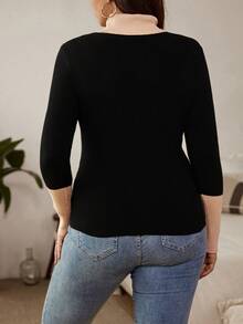SHEIN Clasi Plus Size Color Block High Neck Sweater - Black - View 2