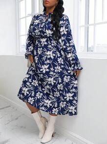 Celure Hơn In hoa Cà vạt tay áo lá sen Đầm - Màu xanh lam - Xem 4