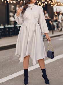 SHEIN Unity Plus Mock Neck Lantern Sleeve Hanky Hem Dress Without Belt Fall Cloth For Women - Apricot - View 4