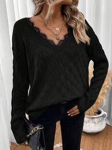 SHEIN LUNE Eyelash Lace Trim Drop Shoulder Sweater - Black - View 3