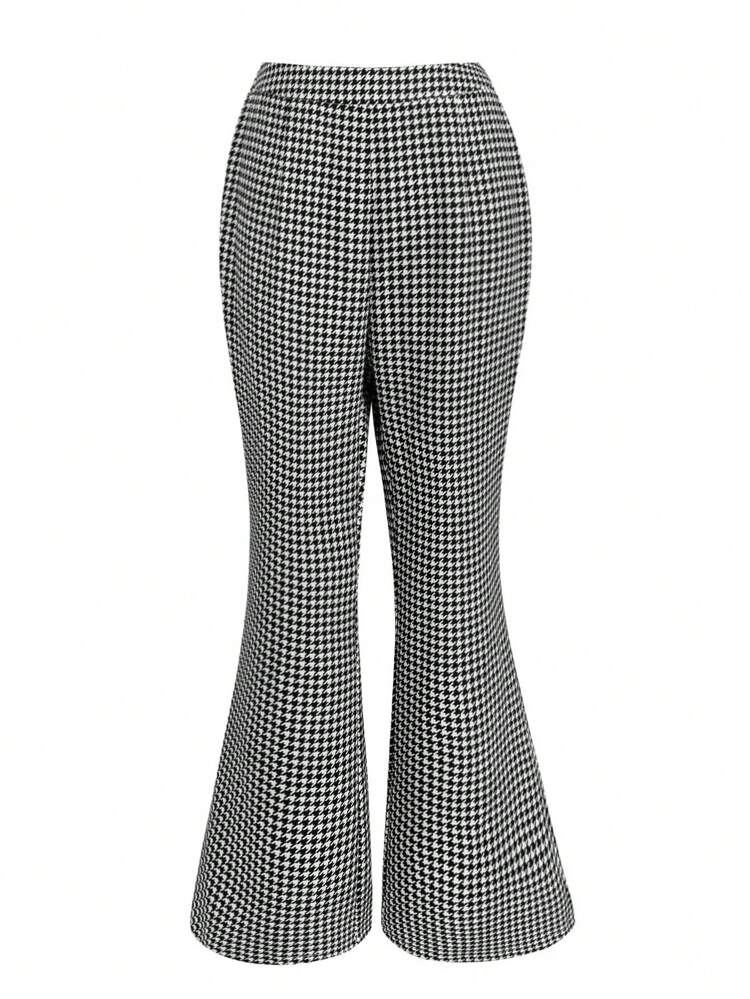 Plus Houndstooth Print Flare Leg Pants Fall Cloth For Women