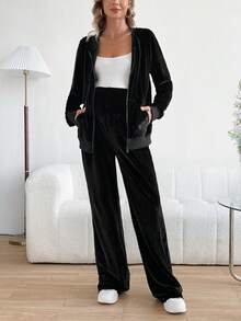 SHEIN 孕婦抽繩連帽衫和褲子套裝 - 黑色 - 查看 6