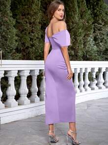 Vestido elegante asimétrico de hombros abiertos con volantes y abertura, verano - Morado - Ver 2