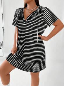 Flirla 女裝加大碼條紋時尚連帽束腰長袖連衣裙 - 黑色 - 查看 4