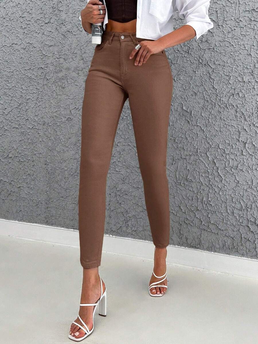 EURMUSE Solid Cropped Skinny Jeans - Brown - View 1