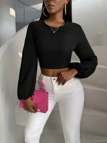 VaVaBold Camisa De Manga De Linterna Con Espalda Retorcida Para Mujer - Negro - Ver 2