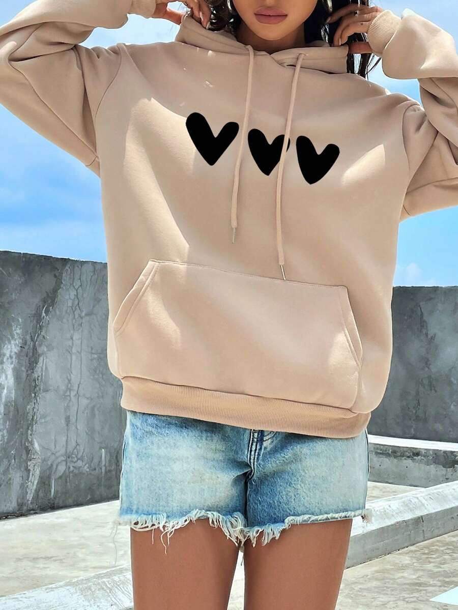 SHEIN EZwear 女士心形印花束口連帽衛衣 - 卡其色 - 查看 1