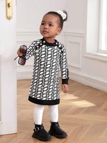 SHEIN Infant Girls' Full Printed Patchwork Long Sleeve Dress - Black and White - View 5