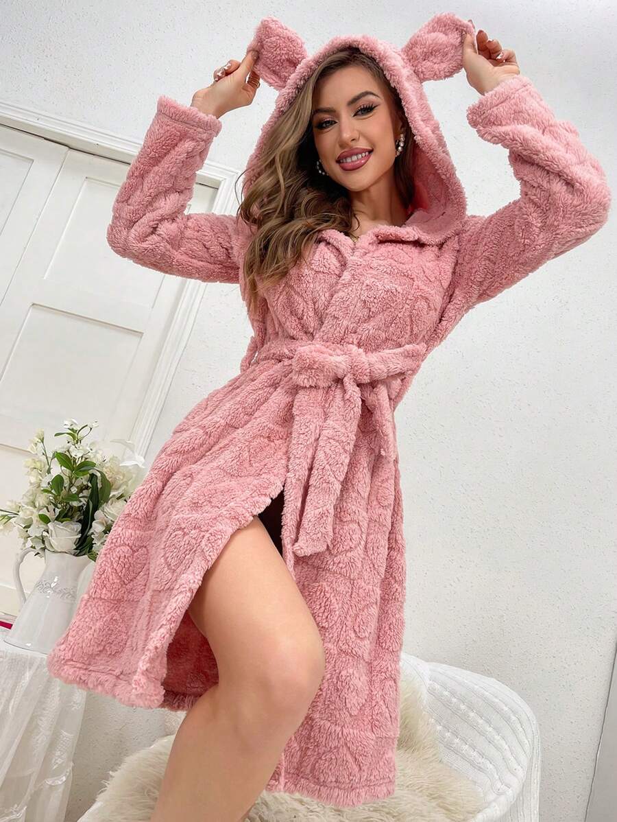 Women's 3d Ear Hooded Plush Robe - Pink - View 1