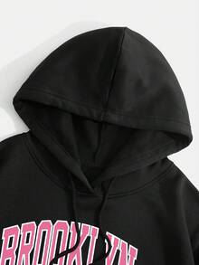 SHEIN EZwear 女性字母印花束腰連帽短版運動衫 - 黑色 - 查看 4