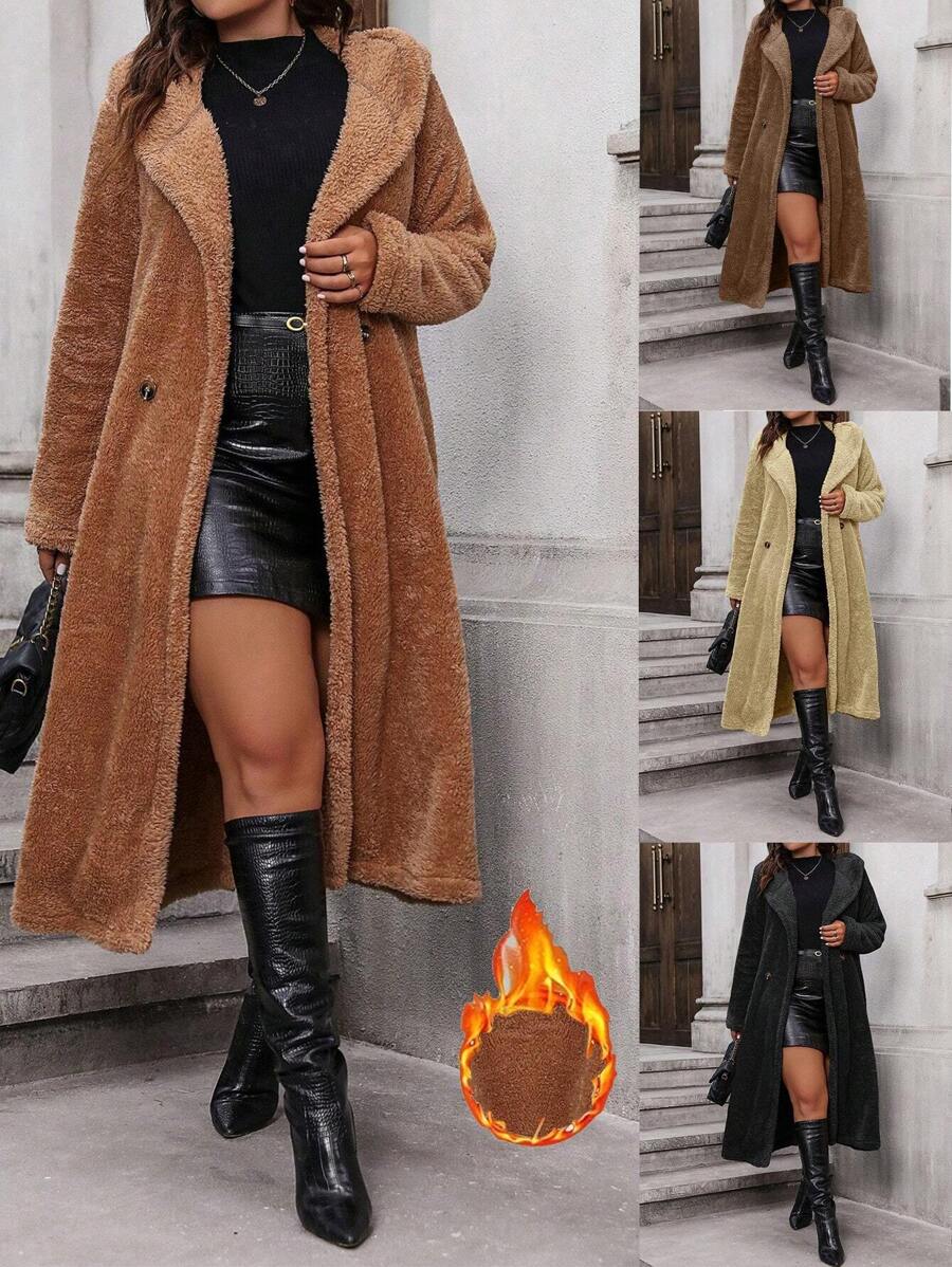 SHEIN LUNE Của phụ nữ Kích thước lớn Màu thuần Dài áo - Cà phê nâu - Xem 1