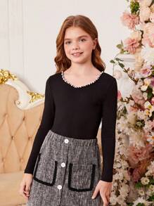 SHEIN Tween Girls' Knitted Beaded Round Neck Elegant T-Shirt