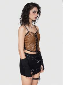 ROMWE Grunge Punk Vintage Y2K Leather Patchwork Front Lace-Up Design Women's Slip Camisole - Coffee Brown - View 3