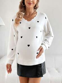 SHEIN Có thai Của phụ nữ Love Mẫu lột vỏ Cắt tỉa Bỏ khỏi vai Áo len - trắng - Xem 4