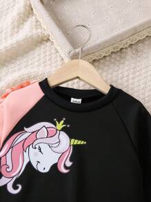 SHEIN 幼兒女孩可愛獨角獸拼布運動衫和運動褲套裝,休閒風格 - 黑色 - 查看 3