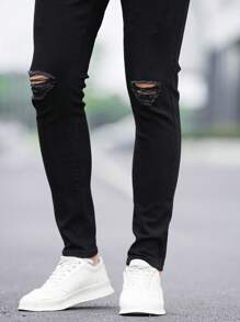 Manfinity Homme 男性磨損細身牛仔褲修身版型長洗水斑駁裝運貨運單一黑色破舊搖滾說唱