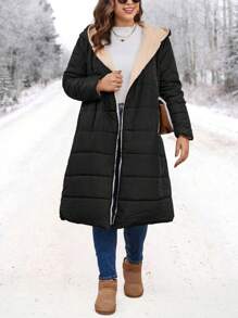SHEIN LUNE Plus Slant Pocket Hooded Belted Padded Padded Coat Clothes Winter - Black - View 3