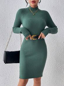 SHEIN Essnce 女士立領修身毛衣連衣裙 - 綠色 - 查看 5