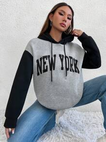 SHEIN Unity Color Block Letter Print Casual Hoodie - Grey - View 1