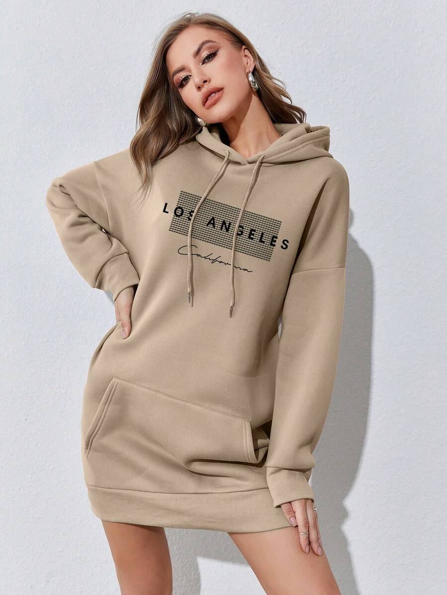 SHEIN LUNE Của phụ nữ áo có mũ Sâu Màu Khaki In Đầm nỉ - Màu Khaki - Xem 1