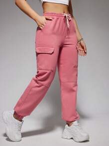 SHEIN EZwear 束口腰帶貨物風格牛仔褲 - 藕粉色 - 查看 4