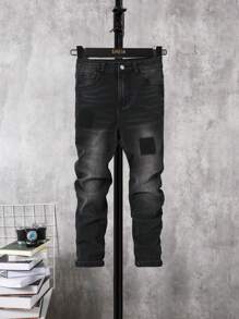 SHEIN Tween Boy Casual Washed Cat Whisker Jeans With Tapered Legs - Black - View 1