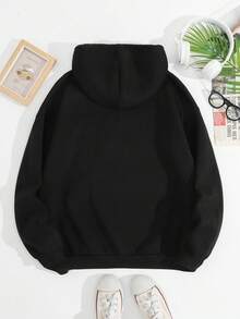 SHEIN EZwear Letter & Palm Tree Printed Hooded Fleece Sweatshirt - Black - View 2