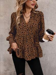 SHEIN Privé Women's Polka Dot Printed Peter Pan Collar Shirt With Notched Neckline - Coffee Brown - View 1