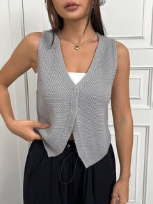 SHEIN Unity Lỏng lẻo phù hợp Nút phía trước Dệt kim Áo Cái đó Với Bất cứ điều gì - Xám - Xem 6