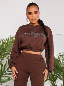 SHEIN SXY 性感服飾俱樂部鑲鑽短款女士運動衫,帶有字母細節 - 棕色 - 查看 8