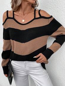 SHEIN Clasi Color Block Striped Long Sleeve Women Sweater - Multicolor - View 4