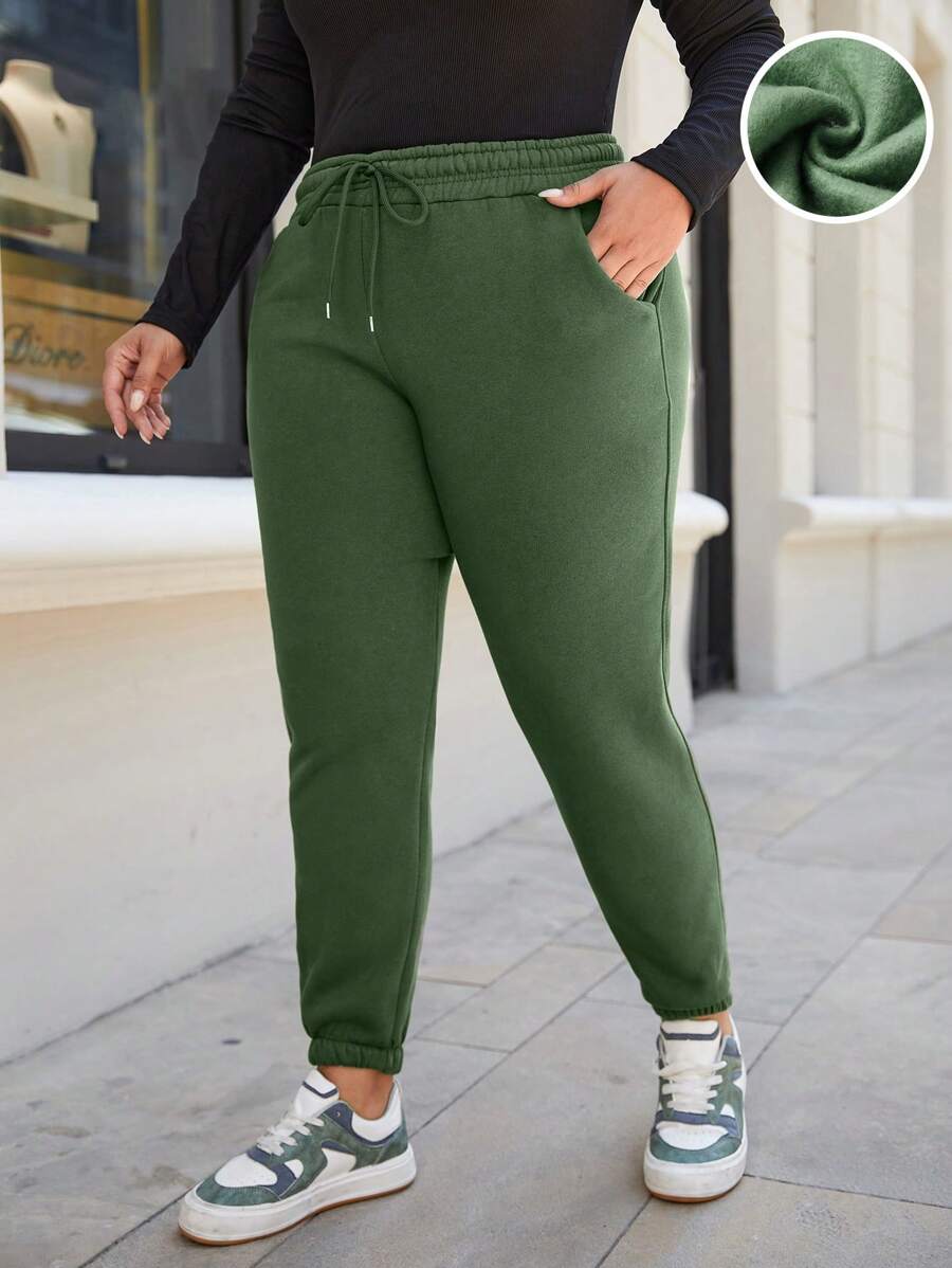 RueChic Plus Drawstring Waist Slant Pocket Sweatpants - Green - View 1