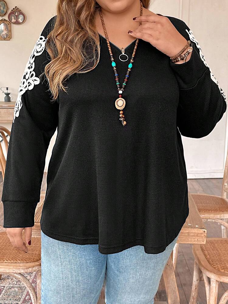 Plus Guipure Lace Insert Raglan Sleeve Tee