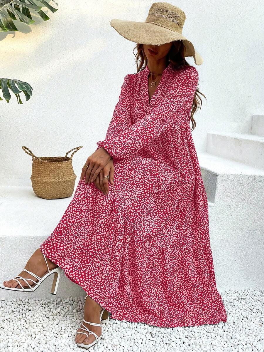 SHEIN LUNE Floral Print Lantern Sleeve Dress With Ruffle Hem And Notched Neckline, Long Sleeve - Hot Pink - View 1